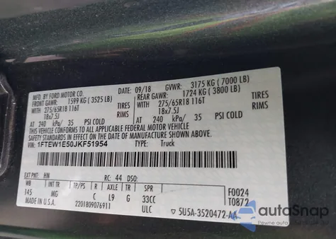 2018 Ford F-150 Xlt из США, поврежденный, VIN 1FTEW1E50JKF51954